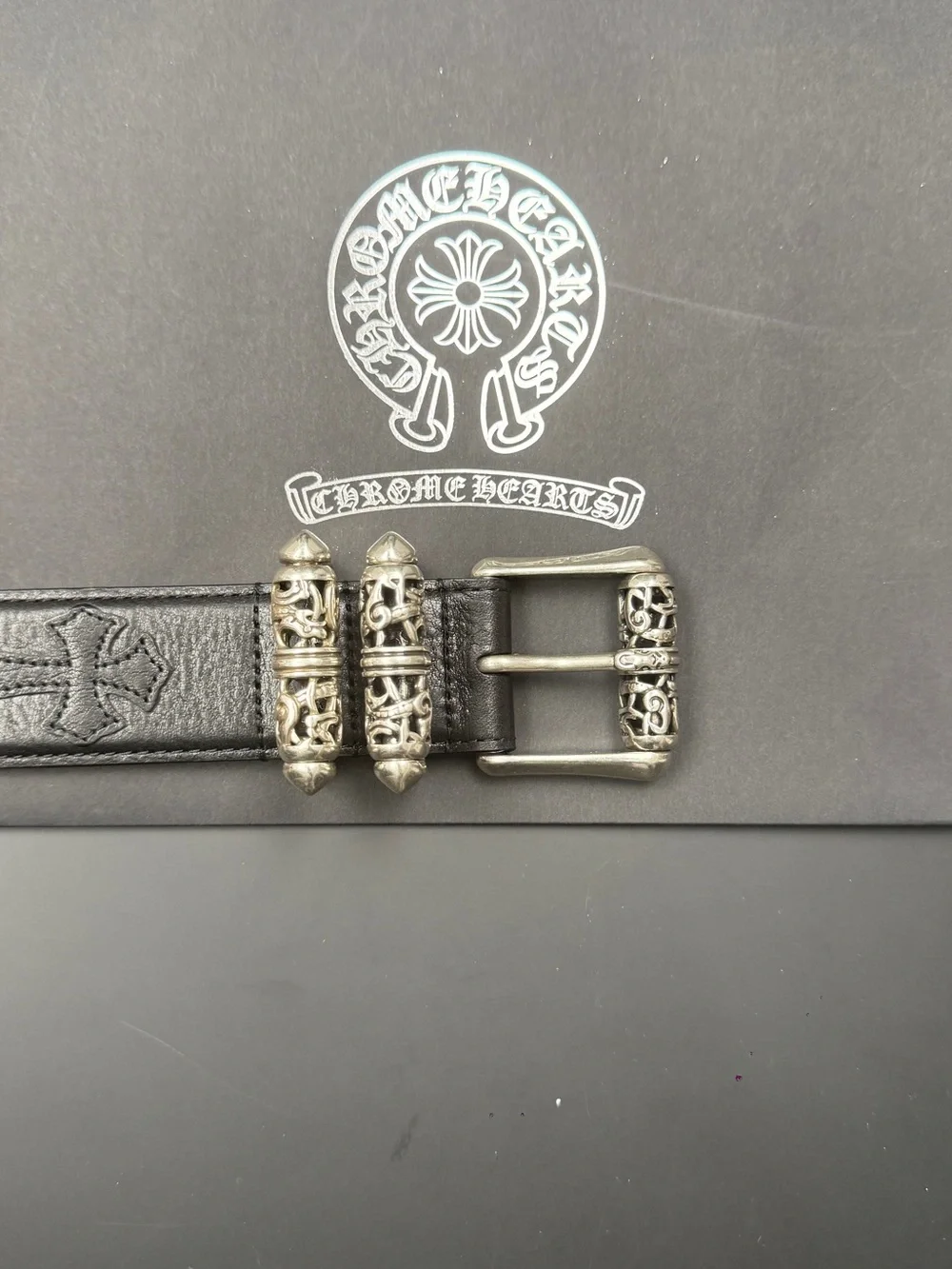 Chrome Hearts Black Leather Belt with Silver Hardware and Logo
